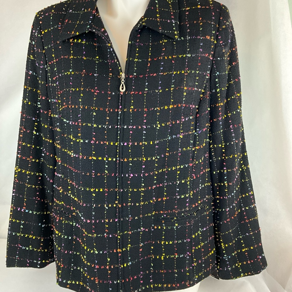 NWT Sag Harbor Zip Up Jacket, Black with Vibrant Colorful Tiny Tassels Size 14
